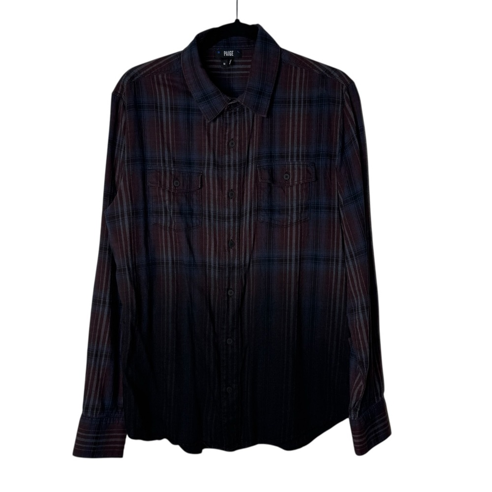 Paige Mens Brushed Cotton Rayon Everett Button Down Shirt Plum Plaid Size Medium